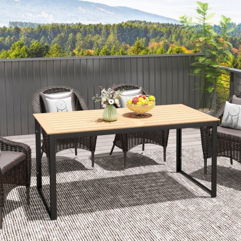 Outsunny Garden Table for 6 People, 160 x 80 x 75 cm Rectangle Outdoor Dining Table with Slatted Top, Metal Frame, for Balcony, Deck, Teak