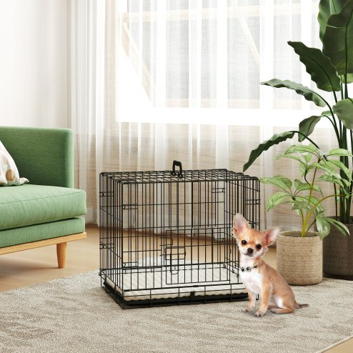 PawHut Dog Crate, Folding Metal Dog Cage with Two Doors, Tray, Soft Cushion, for Extra Small Dogs, 60 x 40 x 50 cm, Black