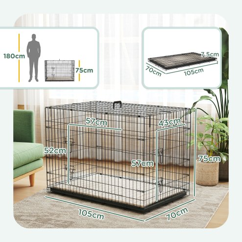 PawHut Dog Crate, Folding Metal Dog Cage with Two Doors, Tray, Soft Cushion, for Extra Large Dogs, 105 x 70 x 75 cm, Black