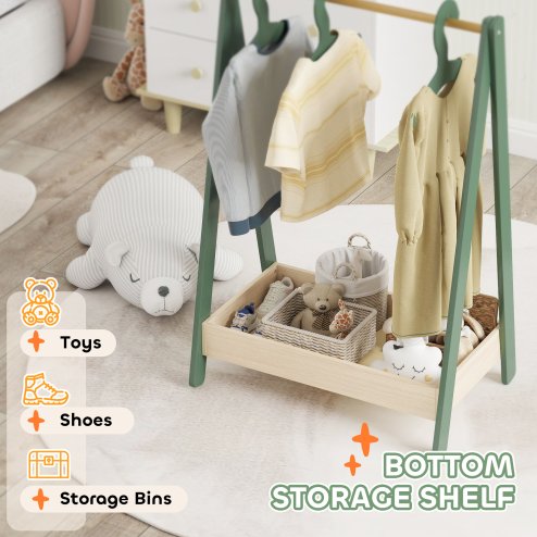 CHINESE AIYAPLAY Kids Clothes Rail, Children Dress Up Rail with 3 Hangers, Bottom Storage Shelf, Gift for Girls, Boys, Nursery, Bedroom, Green