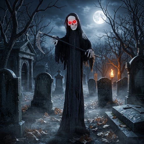 HOMCOM 183cm Life Size Animated Grim Reaper Halloween Decorations Outdoor Indoor, Scary Halloween Animatronics Decor with Sound Touch Activated, Animated Prop with Light Up Eyes for House Garden