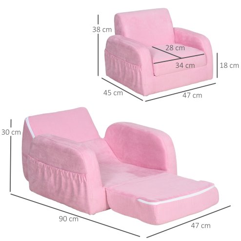 HOMCOM Children's Armchairs Kids Toddler Sofa Chair 2 in 1 Sofa Bed Folding Couch Soft Flannel Sponge Playroom Bedroom Living Room Pink