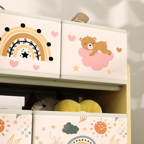 AIYAPLAY Kids Toy Storage Unit, 3-Tier Toy Organiser Shelf with 9 Non-Woven Fabric Boxes for Toys, Books, Dinosaur-Style Toy Storage Organiser for Bedroom, Nursery, Yellow