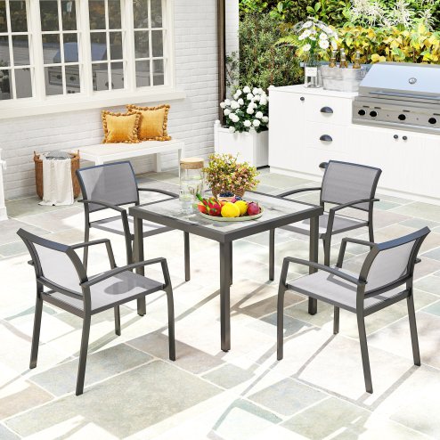 Outsunny 4 Seater Garden Dining Set, 5 Piece Garden Furniture Set with 4 Stackable Armchairs, Outdoor Table and Chairs with Easy Clean Top, Steel Frame, Texteline Seat, for Terrace, Balcony, Grey