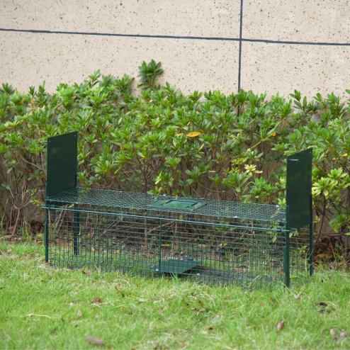 PawHut Two-Door Live Trap for Small Animals, Outdoor and Indoor Animal Trap for Rat, Mice, 100 x 25 x 28cm - Dark Green