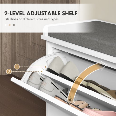 HOMCOM Shoe Bench, Entryway Bench with Flip Drawer, Seating Cushion and Adjustable Shelf for 10 Pairs of Shoes for Hallway, White