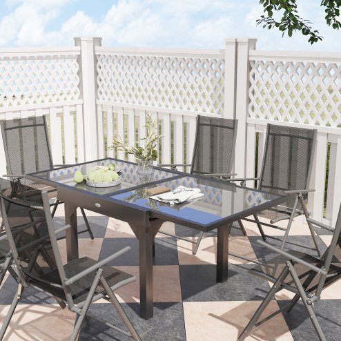 Outsunny 7 Piece Outdoor Dining Set, Garden Furniture Set with Extendable Table and 6 Folding Chairs, Outdoor Conversation Set with 5mm Tempered Glass Top & Aluminium Frame, for Patio, Balcony, Deck