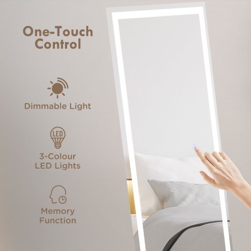 HOMCOM Full Length Mirror with LED Lights, 150x40cm Floor Mirror, Free Standing, Wall Mounted or Leaning, Full Size Body Mirror with Dimmable and 3 Colour Lighting for Bedroom, 32W, White