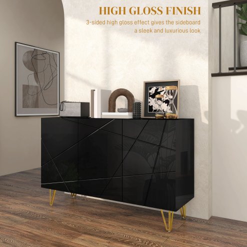 HOMCOM Storage Cabinet with High Gloss, Freestanding Sideboard with Adjustable Shelves, Soft-Close Doors and Gold Tone Hairpin Legs for Living Room, Dining Room, Hallway, Black