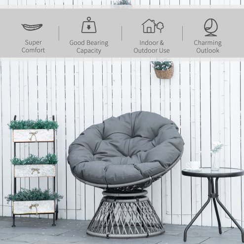 Outsunny 360 Swivel Rattan Papasan Moon Bowl Chair Round Lounge Garden Wicker Basket Seat with Padded Cushion Oversized for Outdoor Indoor, Grey