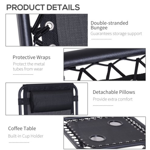 Outsunny Folding Zero Gravity Chairs, 3 Pieces Adjustable Sun Lounger and Table Set with Cup Holder and Headrest, Patio Bistro Set with Reclining Garden Chairs for Outdoor, Black
