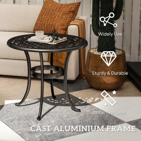 Outsunny 60cm Round Garden Table, Outdoor Hollow Top Design Side Table with Cast Aluminium Frame for Patio, Garden, Balcony, Black