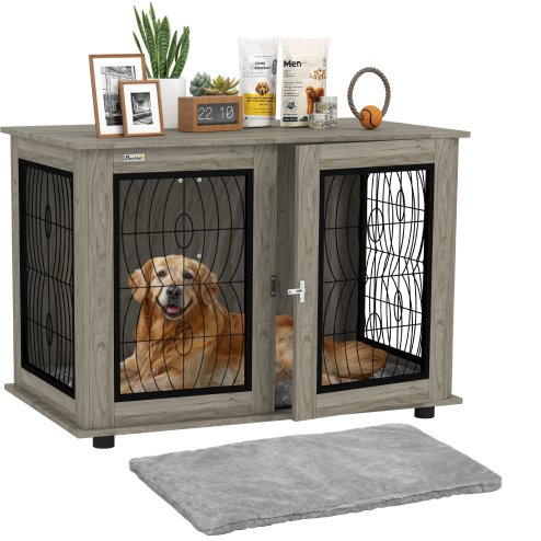 PawHut Dog Crate Furniture, Dog Cage with Soft Washable Cushion, Furniture-Style Pet Kennel Indoor House End Side Table for Small Medium Large XL Breeds, 118 x 75 x 82 cm, Grey