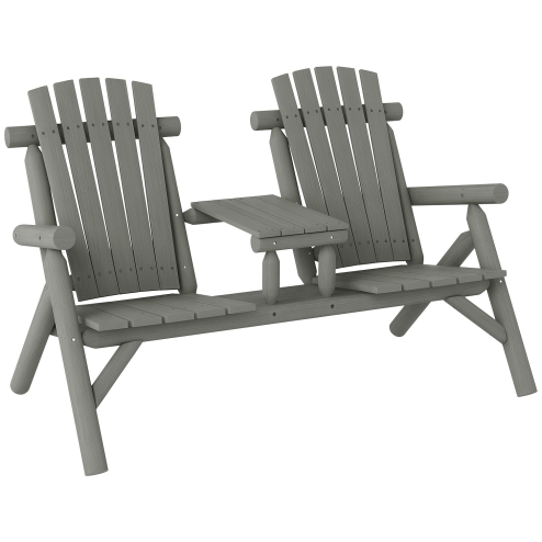 Outsunny Wood Patio Chair Bench 2 Seats with Centre Coffee Table, Garden Bench for Lounging and Relaxing Outdoors, Grey