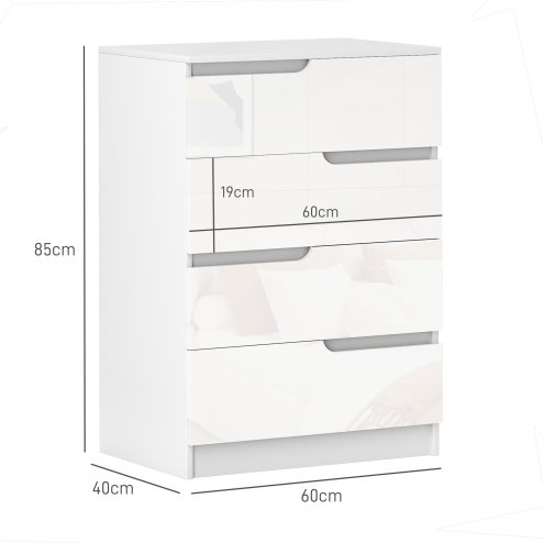 HOMCOM Modern Chest of Drawer with 4 Drawers, High Gloss Dresser for Bedroom, Living Room, 60 x 40 x 85cm, White