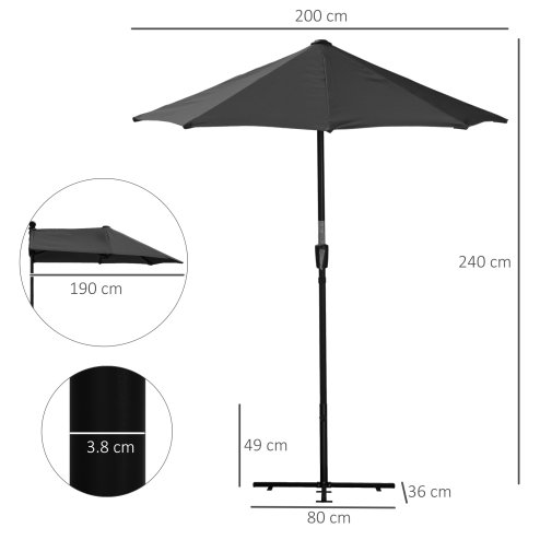 Outsunny 2m Half Parasol Market Umbrella Garden Balcony Parasol with Crank Handle, Cross Base, Double-Sided Canopy, Black