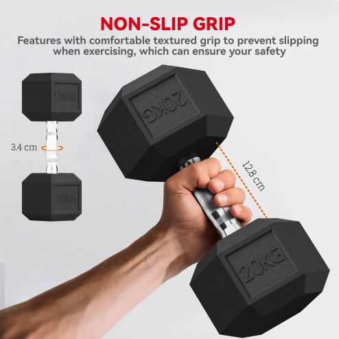 HOMCOM 2x20KG Rubber Hex Dumbbell Portable Hand Weights Dumbbell Home Gym Workout Fitness Hand Weight