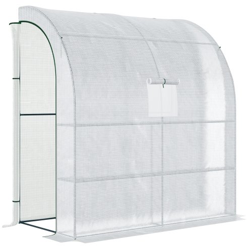 Outsunny Walk-In Lean to Wall Greenhouse with Windows and Doors, Outdoor Green House with 3 Tiers 4 Wired Shelves, 200L x 100W x 215Hcm, White