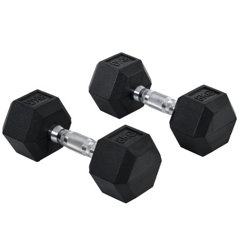 HOMCOM Rubber Dumbbell Sports Hex Weights Sets Home Gym Fitness Hexagonal Dumbbells Kit Weight Lifting Exercise (2 x 8kg)