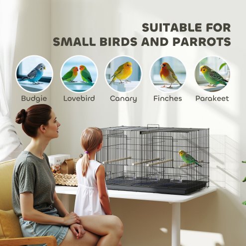 PawHut Bird Cage with Divider, Parrot Cage with 4 Wooden Perches, Slide Out Tray, 4 Feeders, for Budgie, Lovebird, Canary, Finches, 76 x 46 x 46cm, Black