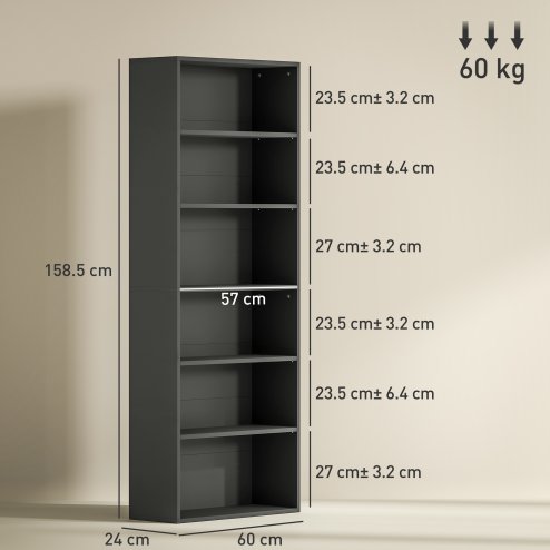 HOMCOM 6 Tier Bookshelf, Freestanding Bookcase with Adjustable Shelves, Display Storage Unit for Living Room, Bedroom, Study, 60 x 24 x 158.5 cm