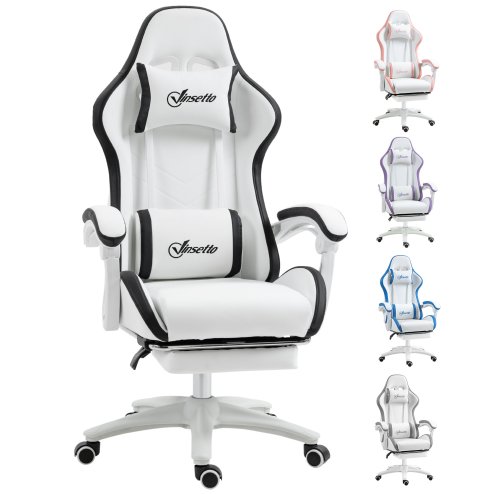 Vinsetto Computer Gaming Chair, PU Leather Office Desk Chair with Footrest, Swivel Wheels, 135?? Reclining Back, Lumbar Support, Headrest for Home, White and Black