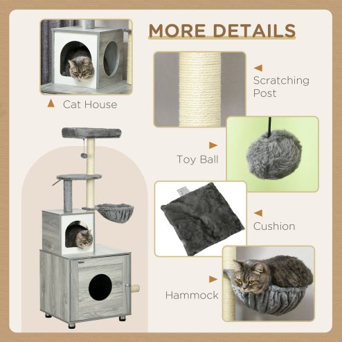 PawHut Cat Tower with Litter Box Enclosure, Cat Tree for Indoor Cats with Cat House, Scratching Post, Hammock, Grey