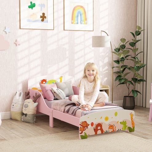 AIYAPLAY Toddler Bed, Cute Animal-Themed Kids Bed Frame with Safety Rails, Kids Bedroom Furniture, 143 x 77 x 60cm, Pink