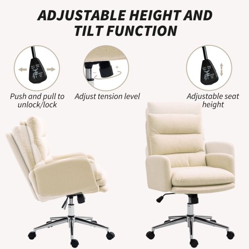 HOMCOM Home Office Chair, Upholstered Sherpa Fleece Desk Chair with Height Adjustable, Tilt Function and 360° Swivel Wheels for Home Office and Study Room, Cream White
