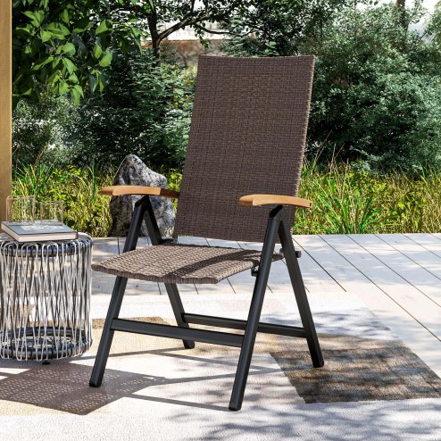 Outsunny Outdoor Folding Dining Chair, PE Rattan Chair with Armrests, High Backrest, for Garden, Camping, Balcony, Porch, Brown