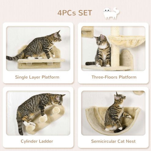 PawHut 4PCs Wall Mounted Cat Tree Cat Wall Shelves Furniture Climbing Shelf Set Kitten Activity Centre w/ Hammock, Scratching Post - Beige