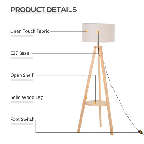 HOMCOM Tripod Floor Lamp, Freestanding Bedside Light Reading Light with Storage Shelf and Linen Shade for Living Room Bedroom, 154cm, Cream