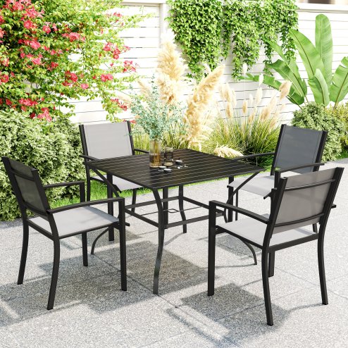 Outsunny 94 x 94 cm Garden Dining Table with Parasol Hole, Square Patio Table with Slatted Metal Plate Top, Black