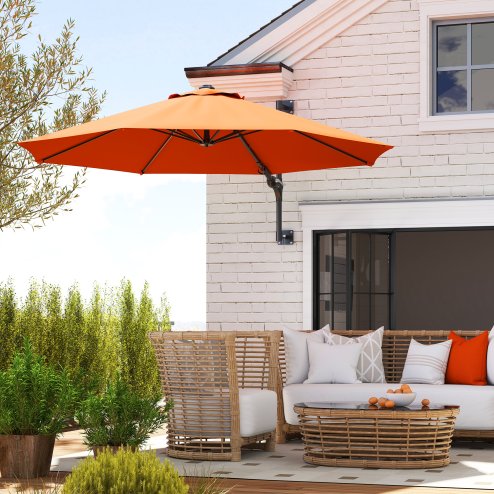 Outsunny 3 M Wall Mounted Garden Parasol Umbrella with Rotate, Outdoor Market Umbrella Sun Shade Canopy with 8 Ribs, Orange