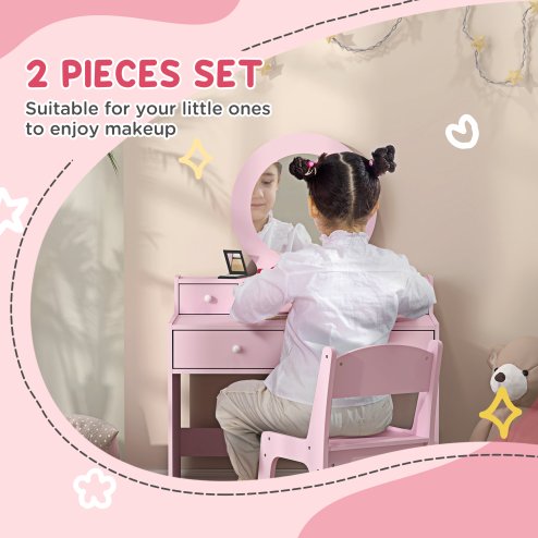 AIYAPLAY Kids Dressing Table Set with Stool and Mirror, Make up Set with Storage Drawers, Kids Vanity Table Gift for Aged 3-8 Years Old - Pink
