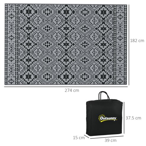 Outsunny Reversible Outdoor Rug with Carry Bag, Waterproof Plastic Straw Mat for Garden, Deck, RV, Picnic, Beach, Camping, 182 x 274cm, Black and Grey
