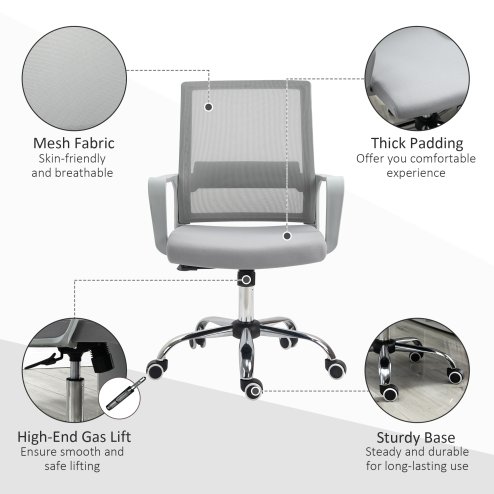 Vinsetto Office Chair, Ergonomic Desk Chair, Mesh Computer Chair with Back Support, Adjustable Height and Swivel Rolling Wheels, Grey