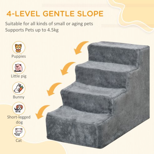 PawHut Dog Steps for Sofa, 4 Steps Dog Stairs, Pet Stairs, with Washable Plush Cover, for Small Breeds, Cats - Light Grey