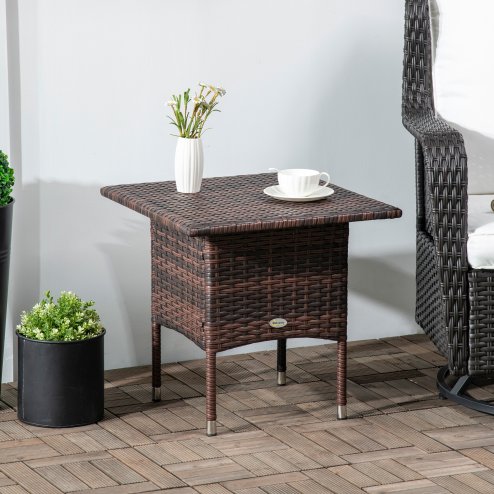 Outsunny Rattan Side Table, Outdoor Coffee Table with Plastic Board Under the Full Woven Table Top for Patio, Garden, Balcony, Mixed Brown