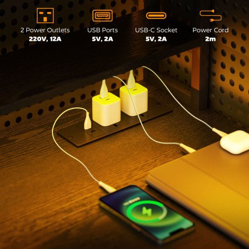 HOMCOM Computer Desk with Power Outlets and LED Lights, Home Office Desk with Monitor Stand, 2 CPU Stands and Storage Shelves, Study Table Gaming Desk with Hutch, Black