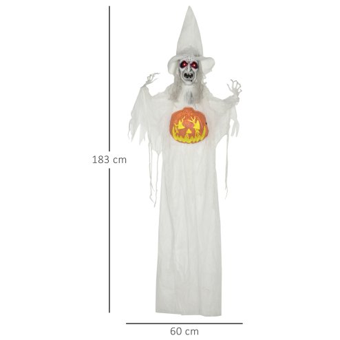 HOMCOM 6ft Outdoor Halloween Decoration Witch with Pumpkin, Standing Skeleton Witch Prop Life Size with Sound and Motion Activated, Light Up Eyes, Laughing Sound, Posable Arms, White