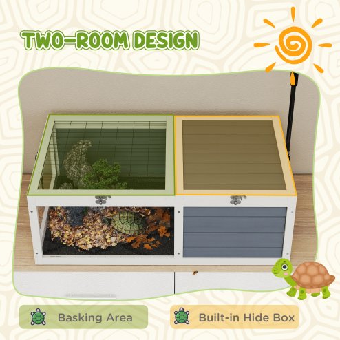 PawHut Tortoise House, Wooden Tortoise Table, Tortoise Enclosure with Adjustable Lamp Holder, Openable Lids, Pull-Out Trays - Grey