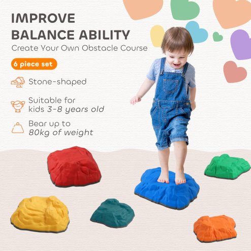 AIYAPLAY Balance Stepping Stones for Kids, 6-Piece River Stones with Non-slip Bottom, Indoor Outdoor Sensory Obstacle Course for Ages 3-8 Years, Multicoloured