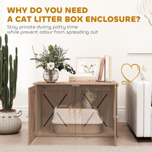 PawHut Cat Litter Box Enclosure, Cats House Litter Box Furniture with Double Doors and Side Entrance, Non-Slip Pads, Indoor Kitty House Hidden Washroom Toilet for Living Room, Walnut Brown