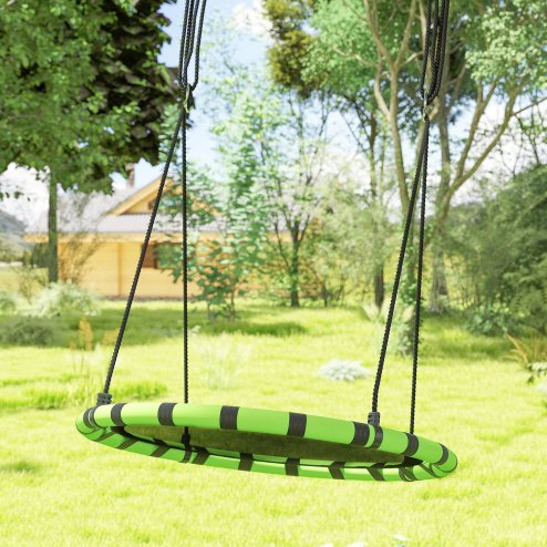 AIYAPLAY Kids Nest Swing Seat, Hanging Set with Height Adjustable Ropes for Kids, 100cm Diameter Round Saucer Swing Chair for Outdoor, Garden, Black/Green