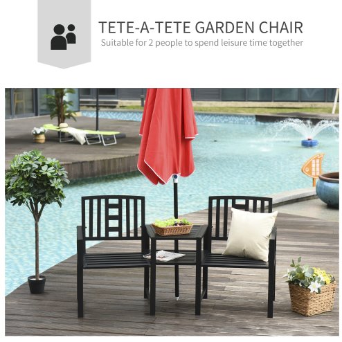 Outsunny Patio Tete-a-tete Chair 2 Seat Bench Middle Coffee Table w/ Umbrella Hole for Outdoors Decorative Slatted Design Steel Frame Black