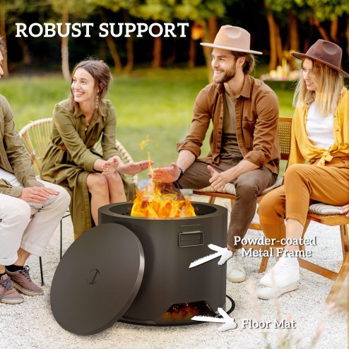 Outsunny Outdoor Round Fire Pit with Lid, Wood Burning Firepit with Fire Poker and Floor Mat for Patio Bonfire BBQ Camping, Black