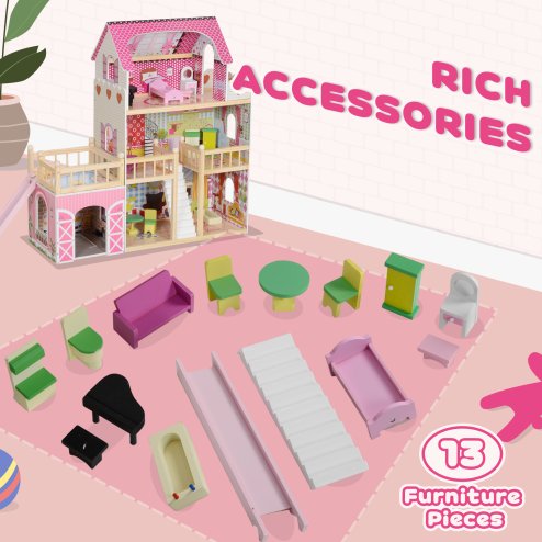 AIYAPLAY Dolls House with 13 Pieces Wooden Furniture and Accessories, 3 Levels Play Set with Detachable Balcony, Garage, Movable Slides, Gift for 3-6 Years