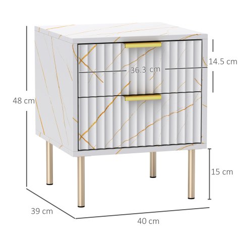 HOMCOM Marble Pattern Bedside Table, Fluted Bedside Cabinet with 2 Drawers, Side End Table with Steel Legs for Bedroom, White