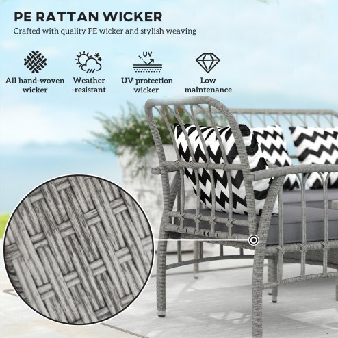 Outsunny 4 Piece Rattan Garden Furniture Set, Garden Sofa Set with 5-Level Adjustable Armchairs, Loveseat, Coffee Table and Cushions, Wicker Outdoor Conservatory Furniture for Patio Balcony, Grey